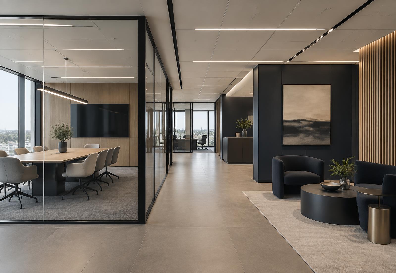 Completed commercial office fit-out with glazed partitions and suspended ceiling