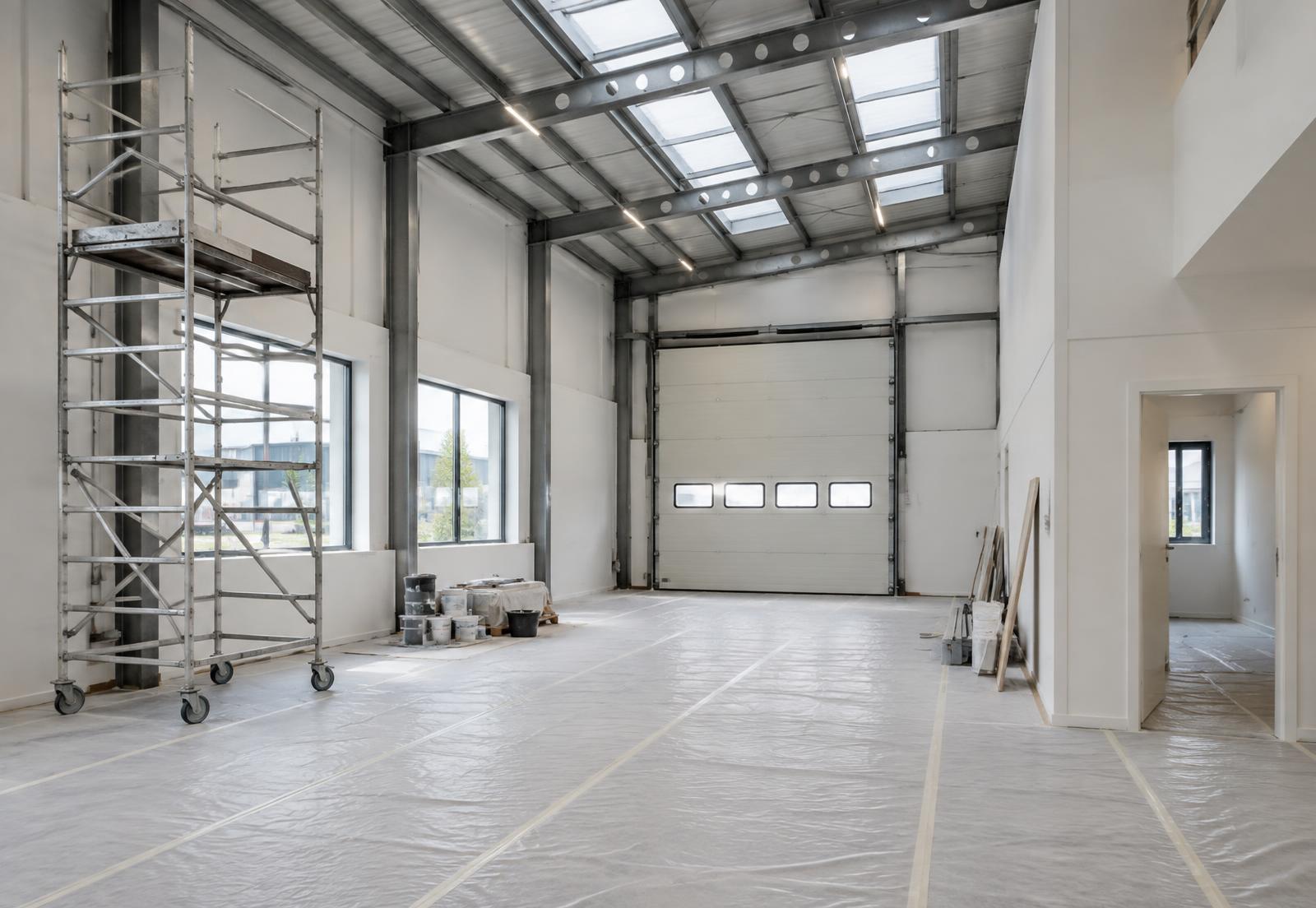 Commercial unit prepared for refurbishment with protected floors and access equipment